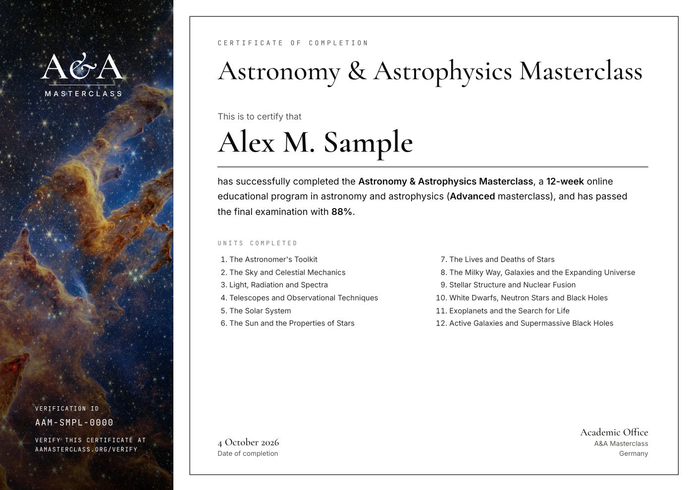Sample certificate of the Astronomy and Astrophysics Masterclass