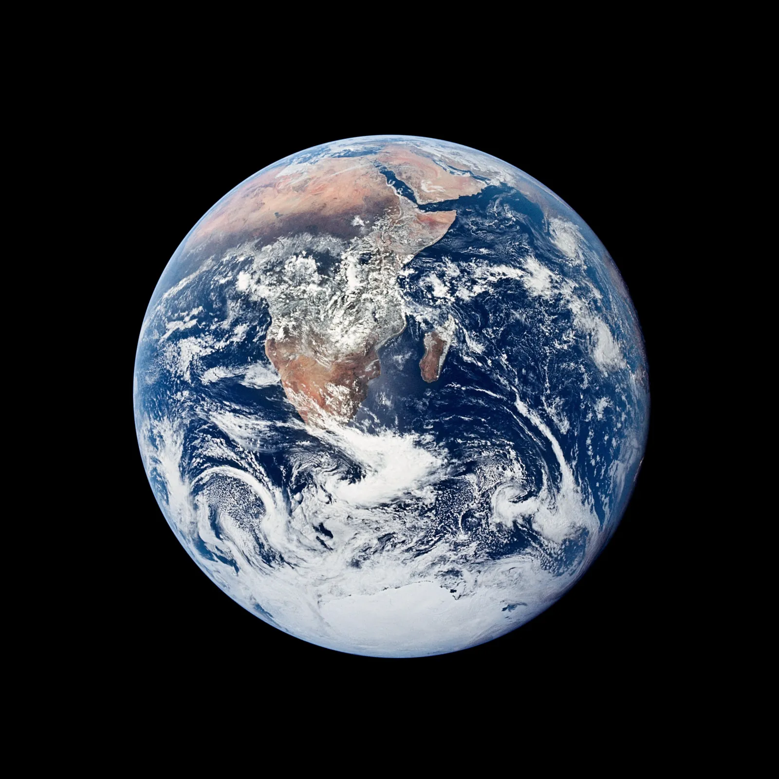 The fully lit Earth with Africa, the Arabian Peninsula and Antarctica, photographed by the Apollo 17 crew on their way to the Moon in 1972.