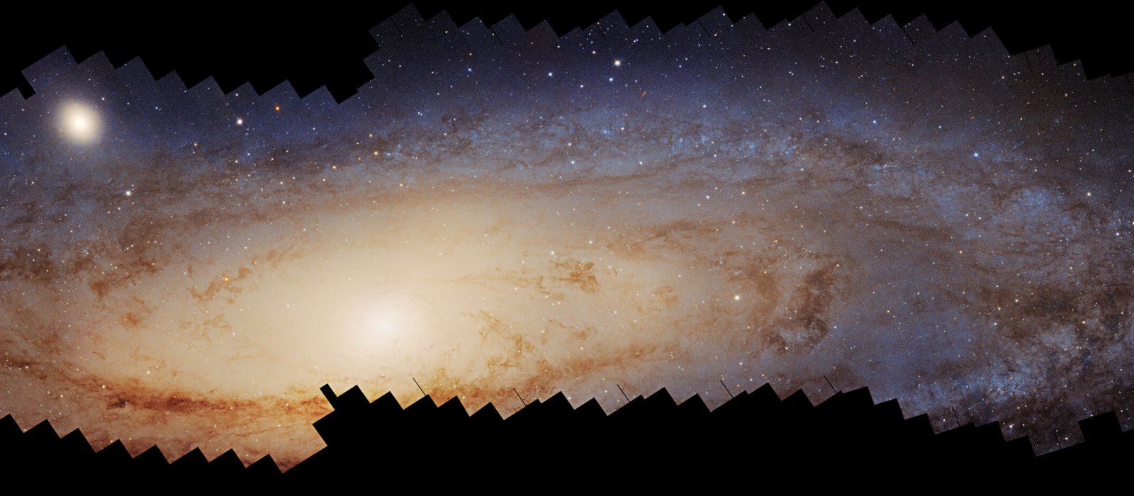 Hubble Space Telescope mosaic of the Andromeda galaxy, showing its bright central bulge, dust lanes and star-filled disk