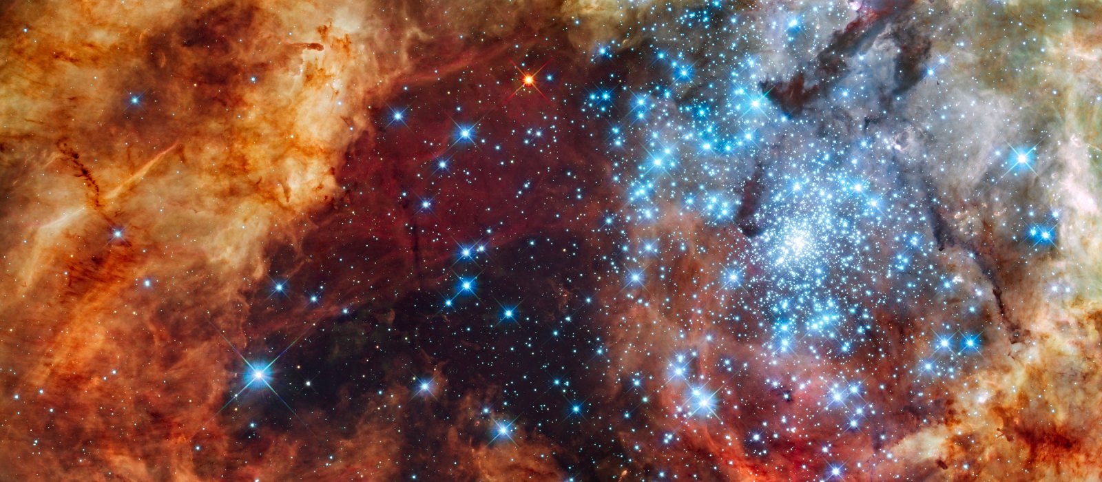 The young star cluster R136 in the Tarantula Nebula, home of the most massive stars known, seen by the Hubble Space Telescope