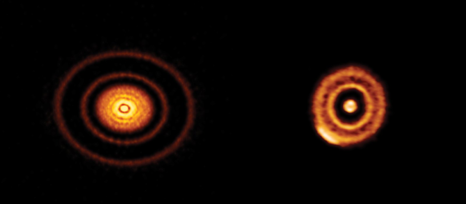 Two disks of dust around young stars with bright concentric rings and dark gaps, imaged at millimeter wavelengths by ALMA